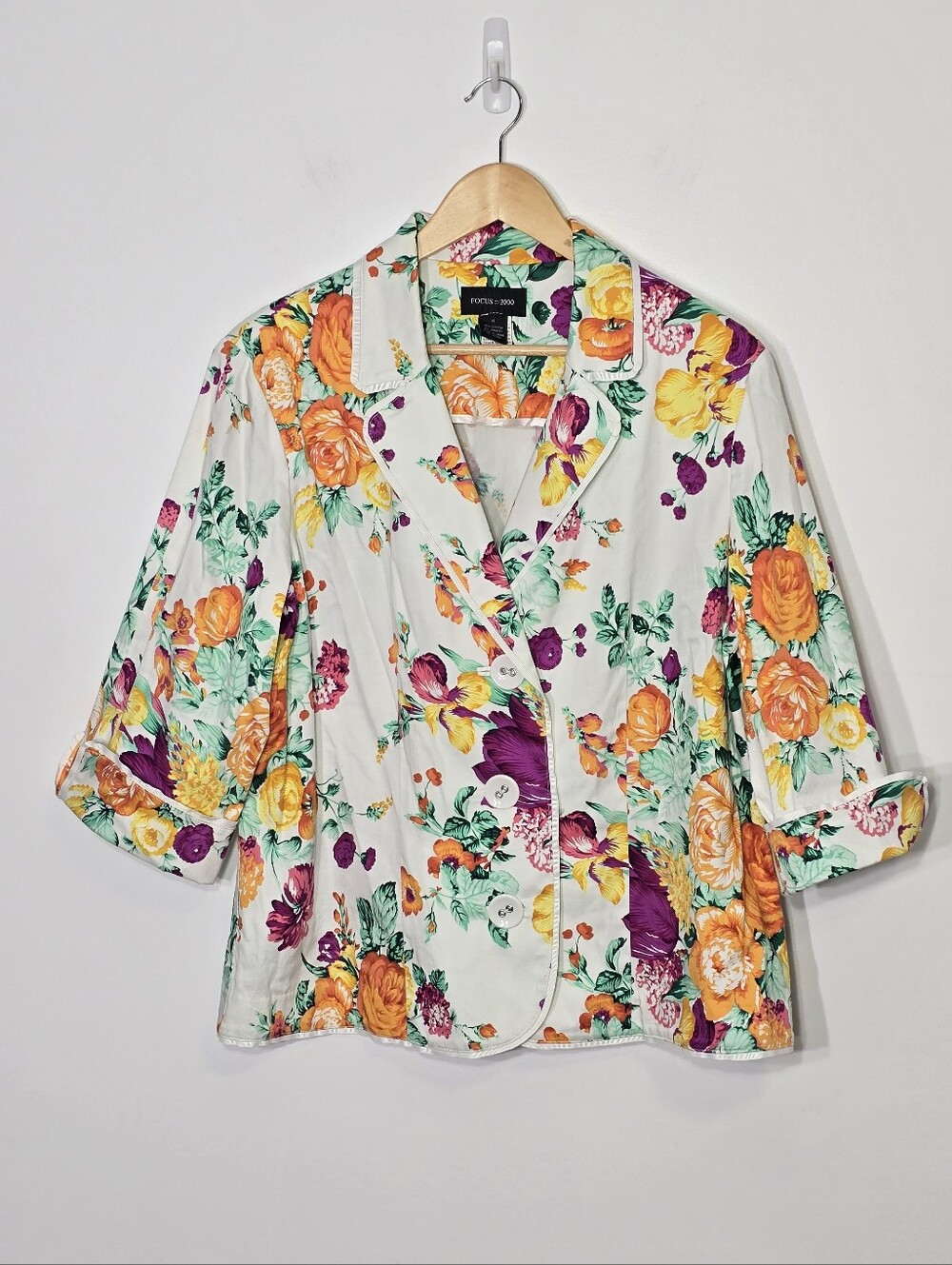Focus 2000 White Cotton Blend Multicolored Floral 3/4 Sleeves Blazer Plus Sz 18